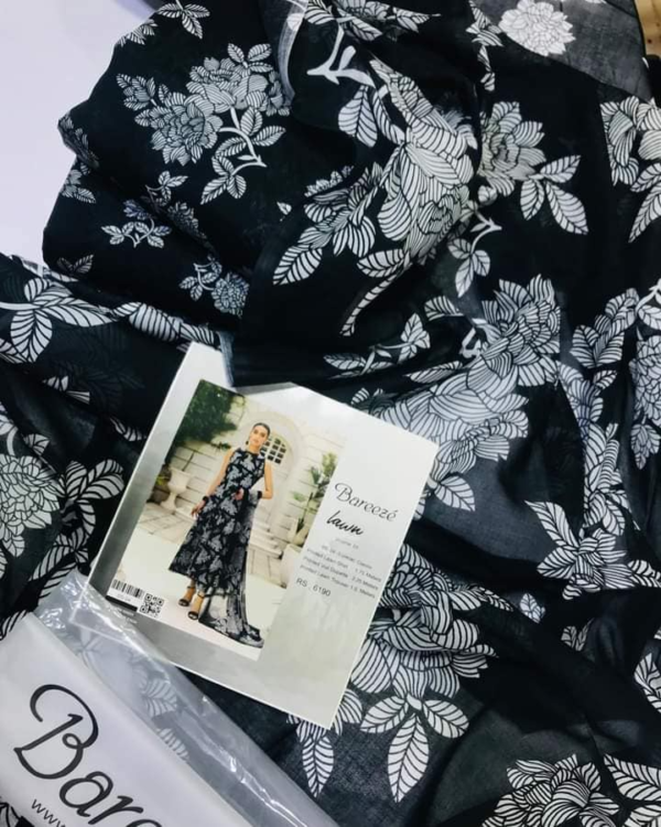 Stunning Black and White Digital Printed Lawn 3Pc Suit by Bareeze - Image 2